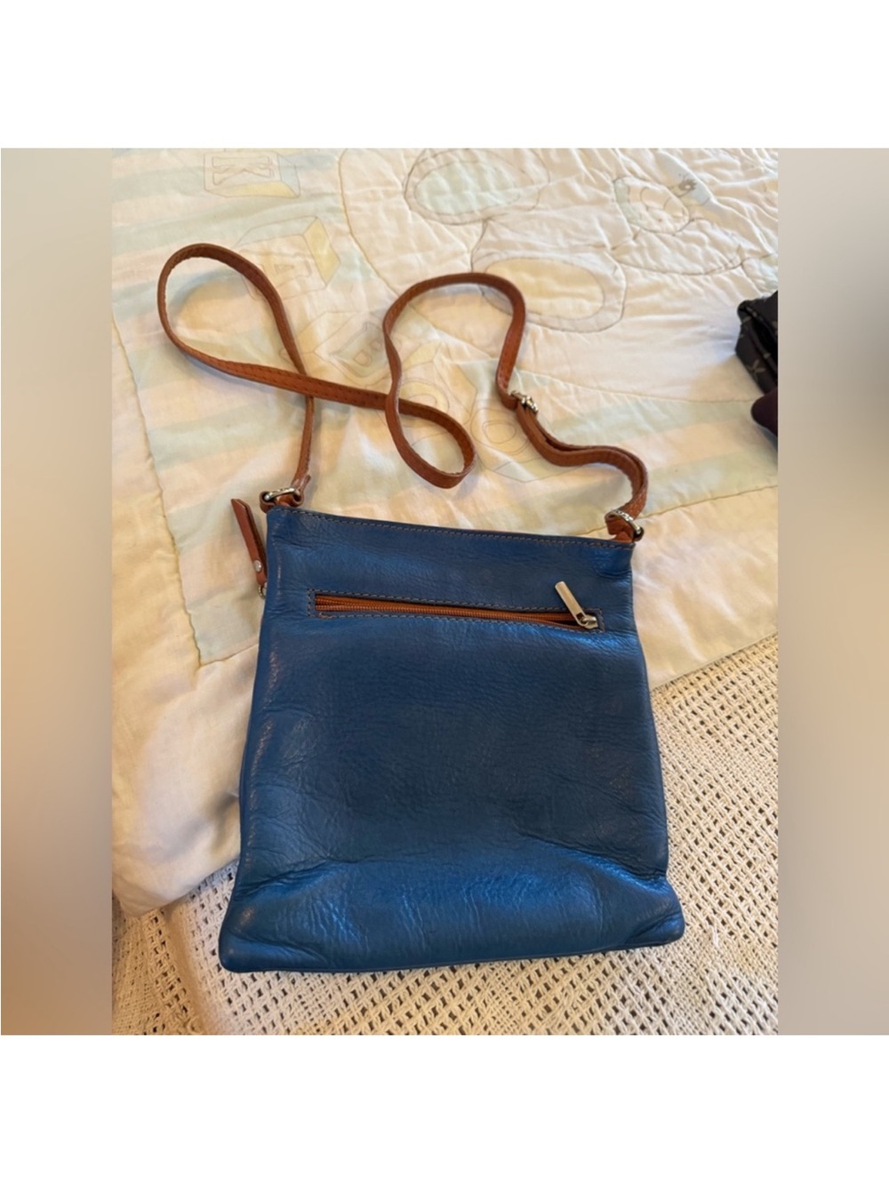 Italian Blue and Tan Leather Crossbody Bag water stain on bought in Italy - Picture 3 of 3